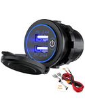 12V Car Charger Dual 4.8A USB Port Dual Cigarette Socket Lighter Plug Waterproof Charger with LED for 12V~24V Vehicles Car Boat Motorcycle SUV Truck Caravan Marine (Blue)