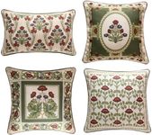 ISAENNE Design Linen Lumbar Square Round Throw Pillow Covers Set of 4, Yellow Green French Cushion Covers with Red Purple Floral Pattern Decoration Pillowcases for Bed, Living Room, Outdoor, Car