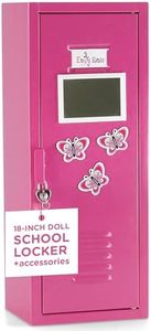 46cm Doll Furniture Bright Pink Doll School Locker Storage Wardrobe with Lock and Key, Clothes Hangers, Magnetised Mirror, Butterfly Magnets and Name Card Fits American Girl Dolls