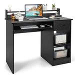 COSTWAY Computer Desk, Wooden PC Laptop Table Writing Workstation with Sliding Keyboard Tray, Adjustable Storage Shelf and Drawer, Modern Home Office Work Study Desk (Black)