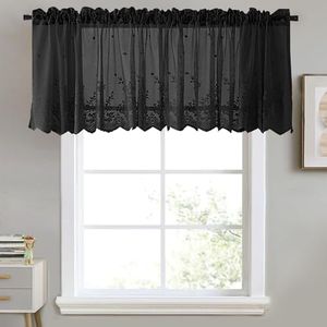 WUBODTI Black Lace Sheer Valances for Kitchen Windows 64" W x 16" L, Gothic Semi Sheer Swag Window Valance Seafoam Embroideried Floral Valences for Living Room Bedroom Bathroom Cafe 1 Pcs