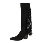 viyabling Cowboy Boots for Women,Fringe Wide Calf Knee High Cowgirl Boots Western Squared Toe Chunky Heel Pull On Booties, A1-black, 7