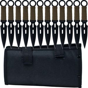 12-Piece Kunai Throwing Knife Set - Stainless-Steel Knives with Green Cord-Wrapped Handles and Nylon Carrying Case by Whetstone (Black)