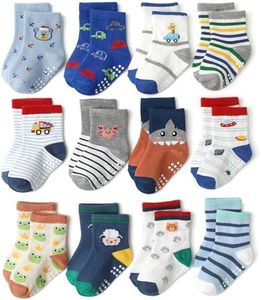 12 Pack Baby Non Slip Socks, Toddlers Kids Soft Cotton Crew Socks with Grippers Non-Skid Ankle Socks for Boys Girls Infant