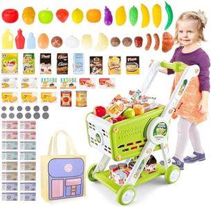 deAO Toy Shopping Cart for Kids,75 Pcs Trolley Play Set with Pretend Food Fruits Vegetables and Accessorie, Grocery Shopping Cart Pretend Play and Role Play Kitchen Toys (Green)