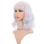 FAELBATY Mix Pink Wave Bob Wigs With Bangs Synthetic Cosplay Wig for Girl Shoulder Length Wig for Women Costume Wigs Candy Color(12" Mixed Blue Pink)