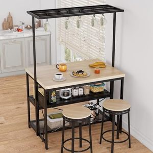 GarveeHome 47" Versatile Kitchen Island with Storage – Durable Wood & Steel Design, Microwave Shelf, 3-Tier Open Shelves, 5 Hooks, Coffee Bar Convertible (47"x28"x72")