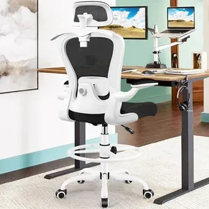 AtHope Drafting Chair, Tall Office Chair with 3D Lumbar & Head Support, Ergonomic Mesh Standing Desk Chair with Footring, Comfy Extended High Desk Chair with Flip-Up Arms & Hanger(White)