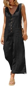 Yeokou Women Button Down Jumpsuits Cotton Linen Sleeveless Casual Wide Legs Rompers Loose Overall With Pockets(Black-M)