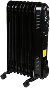 EMtronics EMOFR9BLK 2000W/2KW 9 Fin Portable Electric Oil Filled Heater Radiator with Adjustable Thermostat and 3 Heat Settings for 20 sqm Room - Black