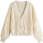 SweatyRocks Girl's Long Sleeve Drop Shoulder V Neck Button Front Ribbed Knit Cardigan Sweaters Beige 10Y