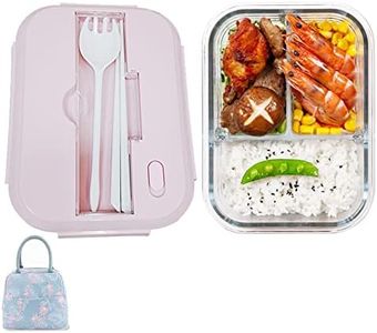 DUUKOA Glass Bento Box Lunch Box with Lunch Bag 3 Compartment Glass Meal Prep Containers Glass Food Storage (Pink)