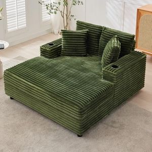Garvee 60" Oversized Chaise Lounge Chair Indoor, Corduroy Upholstered Sleeper Sofa Bed w/Cup Holder & Charging Port, Cloud Couch Sofa Chair w/Throw Pillows & Wide Arms for Living Room, Bedroom,Green