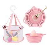 AUAUY Makeup Brush Cleaning Mat & Hanging Drying Net, Foldable Makeup Brush Cleaner, Silicone Brush Cleaning Bowl With Mesh Drying Rack Basket to Dry Makeup Sponge, Powder Puff, Brush(Pink)