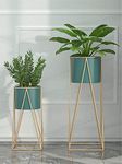 AMSH Amass Handicrafts Planters For Indoor - Outdoor Plants & Modern Metal Floor Tall Plant Stand For Garden, Balcony & Living Room & Mid Century Plant Stands With Pots Set Of 2 Flower Pots (Blue)