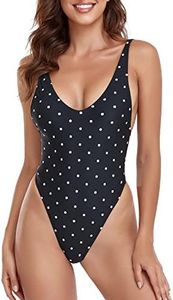 RELLECIGA Women's Black Polka Dot High Cut Low Back One Piece Thong Swimsuit for Women Size X-Large