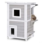 Tangkula Outdoor Cat House Wooden, 2-Story Outside Cat Shelter Condo Enclosure with Escape Door, Openable Asphalt Roof, Jumping Platform, Weatherproof Cat Houses for Feral Cats