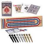 Cribbage Board by Bicycle 3-Track Colour Coded Real Pine Wood Cribbage Game with Deck of Bicycle Cards and Premium Metal Cribbage Pegs