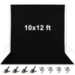 Mountdog 10 x 12ft / 3x3.6M Photography Backdrop Background, Polyester Fabric Black Backdrop Background for Photography Video Studio with 4 Backdrop Clips and 4 Spring Clamps