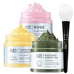 ANAiRUi Clay Mask Set for Skin Care - included Turmeric Vitamin C + Rose + Avocado Green Tea Face Mask - Deep Cleansing, Hydrating, and Nourishing - Reduces Acne and Pores, 210g