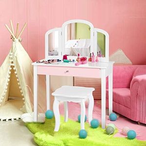 HONEY JOY Kids Vanity Table and Chair Set, Princess Makeup Dressing Table with Drawer & Tri-Folding Mirror, 2 in 1 Vanity Set with Detachable Top, Pretend Beauty Play Vanity Set for Girls (White)