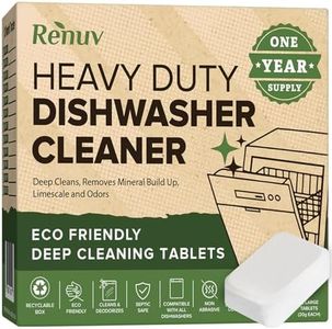 Heavy Duty Dishwasher Cleaner and Deodorizer Tablets, Descaler, Deep Cleaning, Natural Odor and Smell Remover, Calcium, Limescale, Hard Water Marks, Grease, Septic Safe Pods (12 Tabs - 1 Yr Supply)