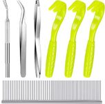 Tick Removal Tool Kit, Include 3 Pieces Plastic Removers, 3 Pieces Stainless Steel Tweezers with Comb for Dog and Cats (Fluorescent Green)