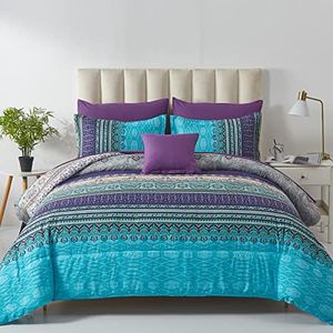 Boho Comforter Set King Size 8 Piece Bed in a Bag Bohemian Striped Bedding Quilt Set Aqua Paisley Floral Comforter and Sheet Set,Soft Microfiber Complete Bedding Sets for All Season