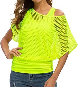 Joywish Women Casual Sexy 80s Costumes Fishnet Two Pieces T-Shirt Neon Off Shoulder 80s Fancy Dress Tops, Neon Green, XX-Large