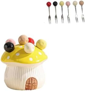 Set of 6 stainless steel fruit forks, cute mushroom ceramic storage jars for fruits and salads.