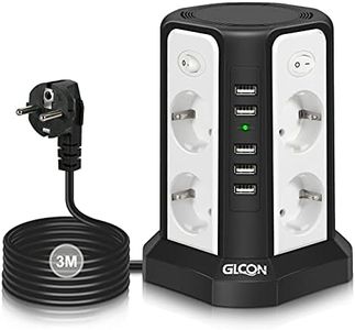GLCON Tour Multiprise Electrique 8 Prises Pare Foudre avec USB (5 V/5 A) 2500 W Rallonge Multiprise avec 4 interrupteurs, Câble de 3 m Noir