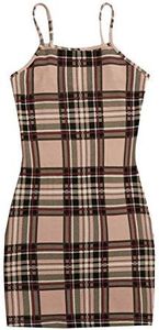 Floerns Women's Plaid Print Mini Cami Bodycon Dress Camel Khaki XS