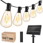 Rtty Solar String Lights Outdoor Waterproof 100ft with Remote and 52 Edison Bulb,Dimmable&Shatterproof,ST38 Solar Powered String Lights for Outside,Patio,Porch