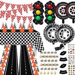 Race Car Party Supplies, 12 Traffic Cones With Holes on Top, 24 Checkered Flags, Checkered Race Car Party Tablecloth, Wheel Tire Balloons, Racetrack Floor Running Mat for Racing Party (A - Red)