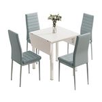 JEFFORDOUTLET Dining Table and Set of 4 Chairs, Drop Leaf Kitchen Table With Grey PU Leather High Back Chair