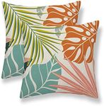 Summer Palm Leaf Pillow Covers 18x18 Set of 2, Coral Tropical Leaf Decorative Outdoor Throw Pillow Covers Green Blue Botanical Farmhouse Cushion Case Linen Square Decor for Home Couch Sofa