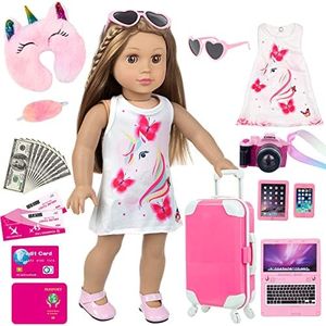 BDDOLL 18 Inch Doll Accessories Travel Play Set Including Suitcase Luggage, Unicorn Dress, Sunglasses, Camera, Computer, Phone, Ipad,Travel Pillow ect for American 18 Inch Girl Doll