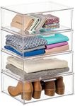 mDesign Plastic Stackable Closet Storage Organizer Bin Containers with Front Pull Drawer for Cabinet, Desk, Shelf, Cupboard, or Dresser Organization - Lumiere Collection - 4 Pack - Clear