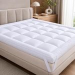 10cm Thick Mattress Topper Double Bed - 1000GSM Heavy Filling Quilted Extra Deep Super Fluffy & Breathable, Soft Box Stitched - Mattress Pad Strong Corner Elastic Straps Machine Washable (Double)