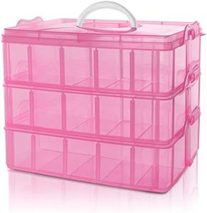 BELLE VOUS Boite de Rangement 3 Étages Empilable en Plastique Rose - Compartiments Réglables - Maximum 30 Compartiments - Boite en Plastique pour Jouets, Bijoux, Perles, Loisirs Créatifs, Outils
