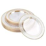 MATANA 40 Premium Clear Plastic Plates with Hammered Gold Rim - 20 26cm Dinner Plates, 20 19cm Dessert Plates - Elegant & Reusable Party Plates for Weddings, Birthdays, BBQ, Parties