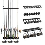 Fishing Rod Holder, Vertical or Horizontal Wall Mounted Fishing Rod Rack, Metal Plastics Dip Moulding Fishing Pole Holders with 7 Rod Capacity for Fishing Reels, Fishing Gear, Garage and Wall Storage