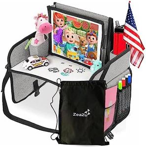 ZEAZU Kids Travel Tray with Bag - Toddler Car Seat Tray, Foldable Lap Travel Table Desk with iPad Holder, Drawing Board, Storage Pocket Organizer for Child Road Trip, Car Stroller, Airplane - Silver