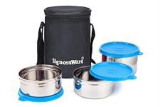 Signoraware Executive Stainless Steel Lunch Box Set 3 with bag | Stainless-Steel Leak-Proof Containers | Full Meal Boxes (Container Size 350mlx2 | 500mlx1 | Blue)