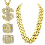 Adramata 80s/90s Hip Hop Costumes Outfit for Men Women Fake Gold Chain Dollar Sign Necklace Dollar Sign Iced Out Ring Rapper Accessories