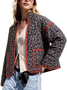 Omoone Women Cropped Quilted Jacket Floral Printed Lightweight Puffer Coat(Cherry-XS)