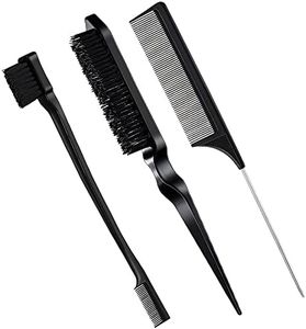 Geiserailie 3 Pcs Slick Back Hair Brush Set Bristle Hair Brush Edge Control Brush Teasing Comb for Women Black Hair(Black)