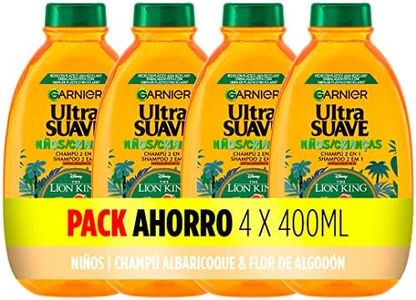 Garnier Ultra Suave, Champú 2 en 1 de Albaricoque y Flor de Algodón para Niños, Fácil de Desenredar, No Pica en Los Ojos, Sin Tirones, Pack 4x400ml