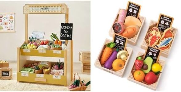 Tiny Land Wooden Play Store & 43 Pieces Kids Toy Food – 2-in-1 Montessori Pretend Grocery, Pretend Food Play Kitchen Accessories Set for Boys and Girls