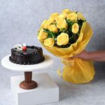 FlowerAura Tasty Fresh 500g Chocolate Cake With Fresh Live 10 Yellow Rose Bouquet For Valentine's Day Gift, Birthday Gift, Anniversary Gift, Women's Day Gift & Mother's Day Gift (Same Day Delivery)